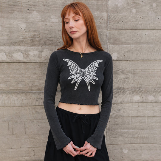 Butterfly Web - Long Sleeve Ribbed Tee - Black Snow