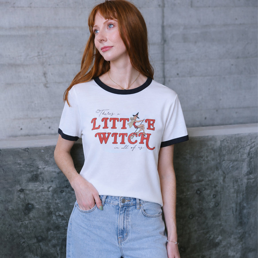 A Little Witch In All Of Us - Perfect Ringer Tee - White & Black Snow