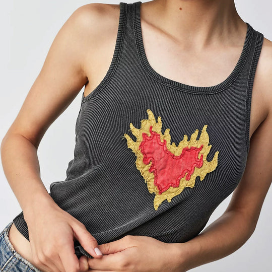 Burn Heart Stitch - Rib Tank - Black Snow