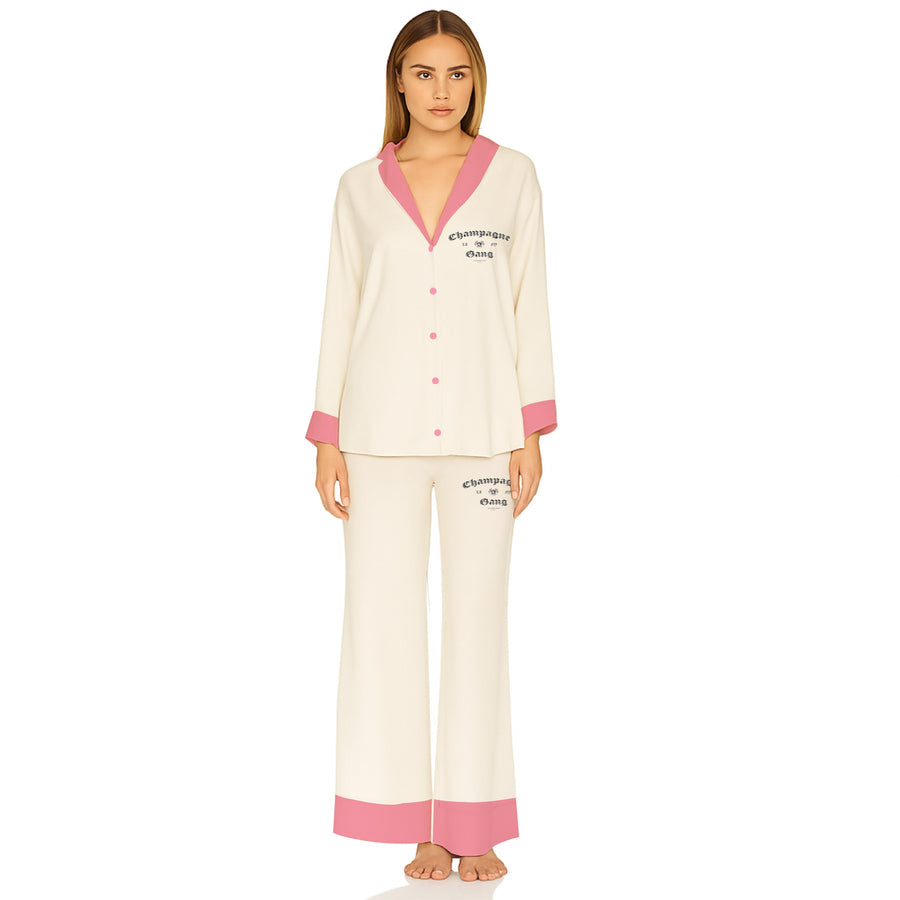 Champagne Gang - Silky PJ Set - Bone & Pink