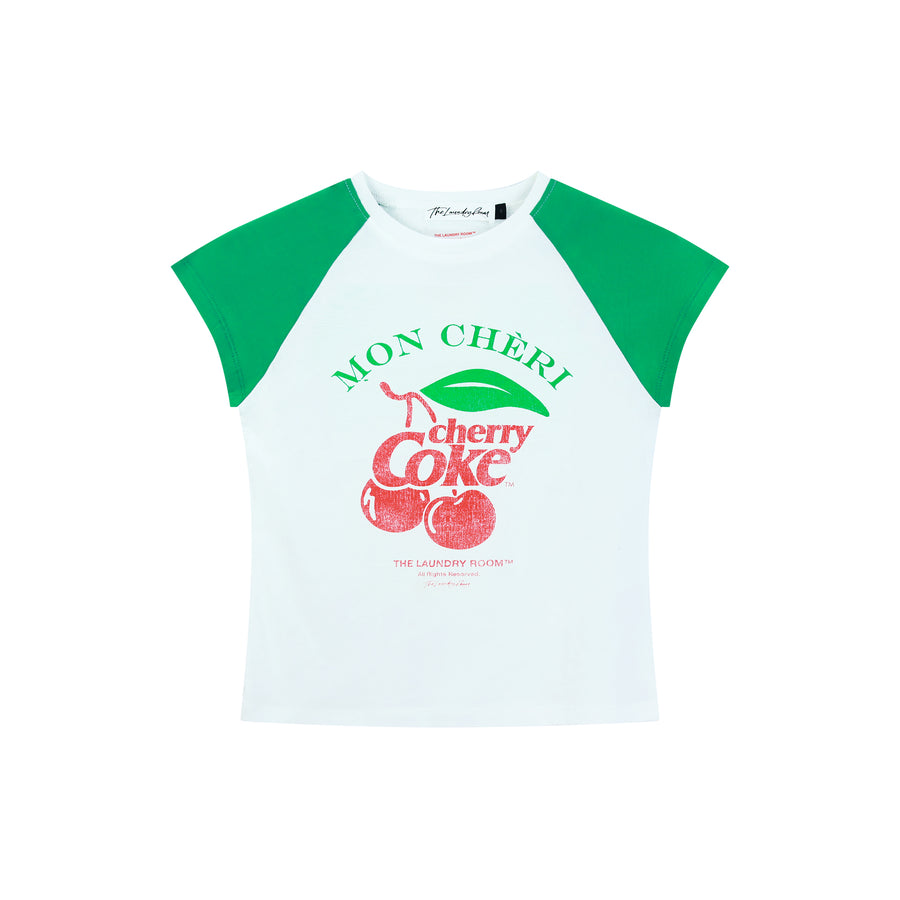Mon Cheri Cherry Coke Branch - Raglan Baby Tee - White & Green - The Laundry Room