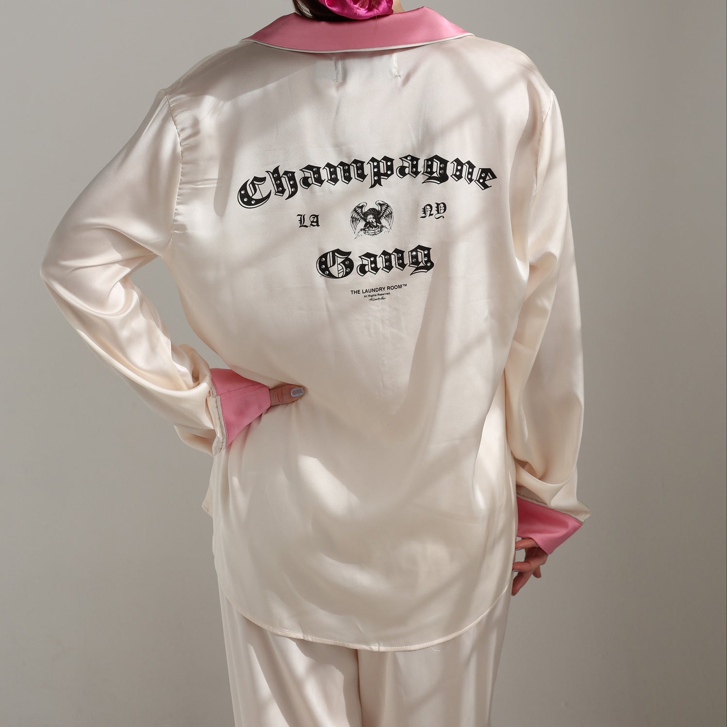 Champagne Gang - Silky PJ Set - Bone & Pink - The Laundry Room
