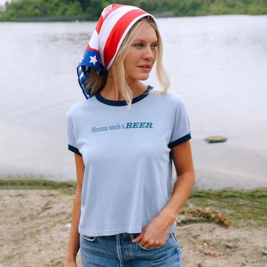 Momma Needs A Beer - Perfect Ringer Tee - Chambray & Navy Snow