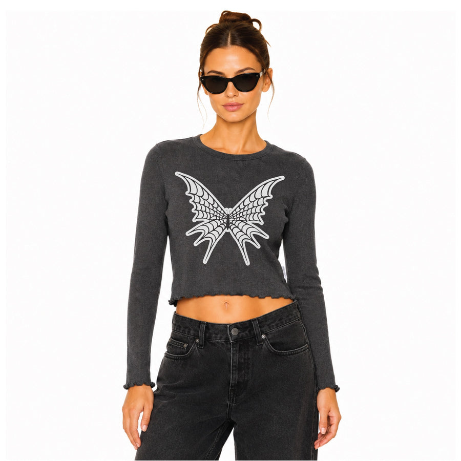 Butterfly Web - Long Sleeve Ribbed Tee - Black Snow